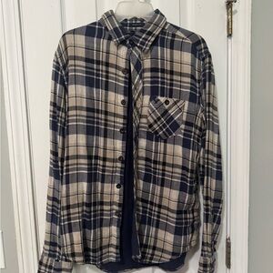 American Eagle Outfitters Blue and Tan Plaid Casual Button Down Shirt